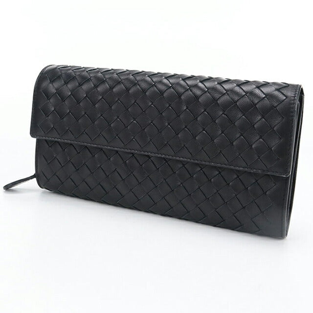 中古 ボッテガ・ヴェネタ 長財布二折 レディース ブランド BOTTEGA VENETA イントレチャート ブラック 財布 USDBO108201011