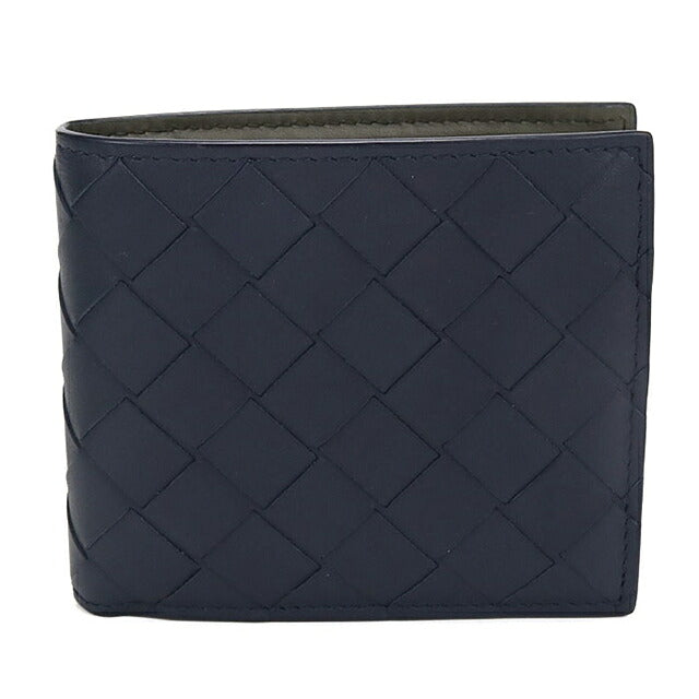 中古 ボッテガ・ヴェネタ 二つ折り財布 二折財布 コンパクト メンズ ブランド BOTTEGA VENETA イントレチャート レザー ネイビー USDBO116254011