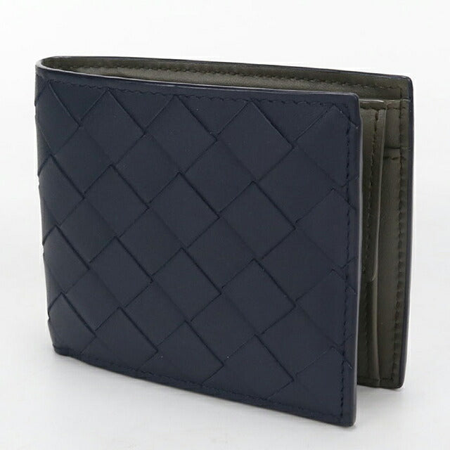 中古 ボッテガ・ヴェネタ 二つ折り財布 二折財布 コンパクト メンズ ブランド BOTTEGA VENETA イントレチャート レザー ネイビー USDBO116254011