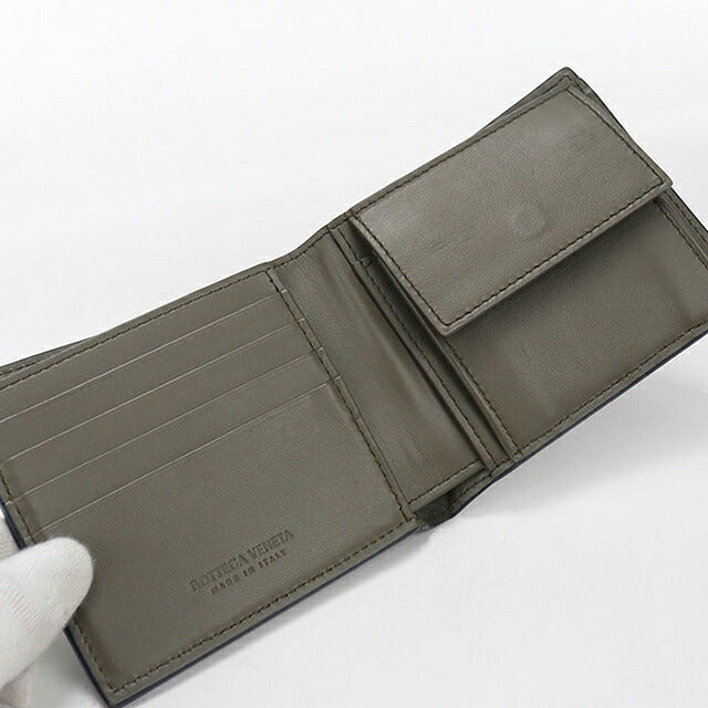 中古 ボッテガ・ヴェネタ 二つ折り財布 二折財布 コンパクト メンズ ブランド BOTTEGA VENETA イントレチャート レザー ネイビー USDBO116254011