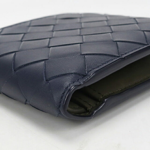 中古 ボッテガ・ヴェネタ 二つ折り財布 二折財布 コンパクト メンズ ブランド BOTTEGA VENETA イントレチャート レザー ネイビー USDBO116254011
