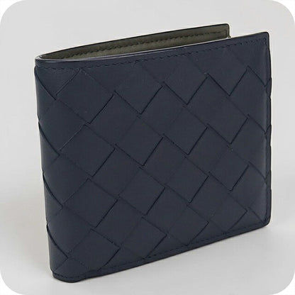 中古 ボッテガ・ヴェネタ 二つ折り財布 二折財布 コンパクト メンズ ブランド BOTTEGA VENETA イントレチャート レザー ネイビー USDBO116254011