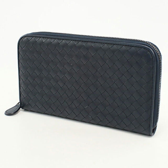 中古 ボッテガ・ヴェネタ 長財布ラウンドファスナー メンズ ブランド BOTTEGA VENETA イントレチャート  レザー ネイビー USDBO117639011