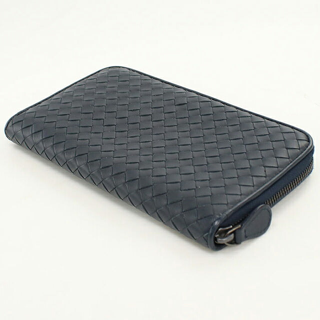 中古 ボッテガ・ヴェネタ 長財布ラウンドファスナー メンズ ブランド BOTTEGA VENETA イントレチャート  レザー ネイビー USDBO117639011
