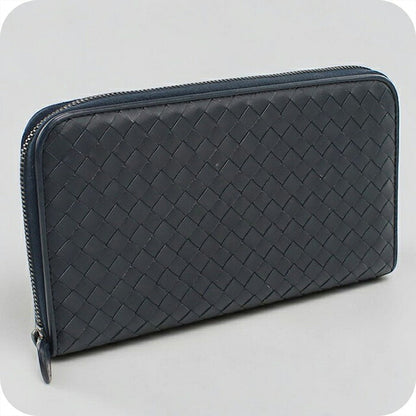 中古 ボッテガ・ヴェネタ 長財布ラウンドファスナー メンズ ブランド BOTTEGA VENETA イントレチャート  レザー ネイビー USDBO117639011