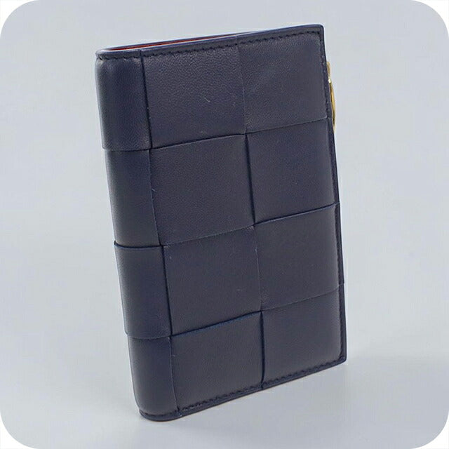 中古 ボッテガ・ヴェネタ 二つ折り財布 二折財布 コンパクト レディース ブランド BOTTEGA VENETA カセット 二つ折りウォレット ネイビー USDBO118603011
