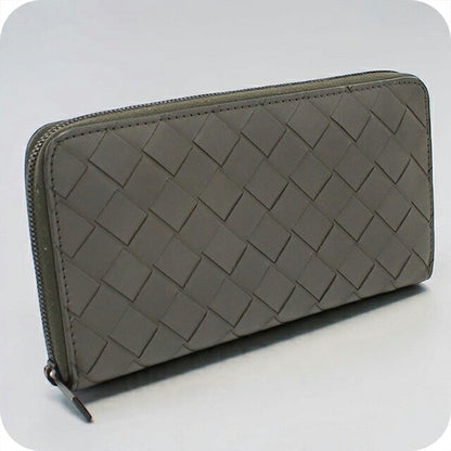中古 ボッテガ・ヴェネタ 長財布ラウンドファスナー メンズ ブランド BOTTEGA VENETA イントレチャート ジップアラウンドウォレット レザー グレー USDBO121313011