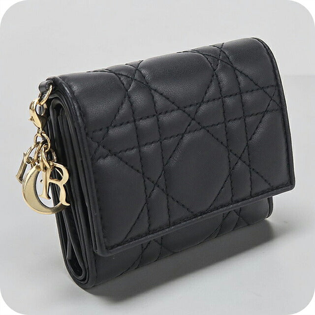 中古 ディオール 三つ折り財布 三折財布 コンパクト レディース ブランド Dior レディディオール ロータス ウォレット S0181ONMJ_M900 ブラック USDCD117444011