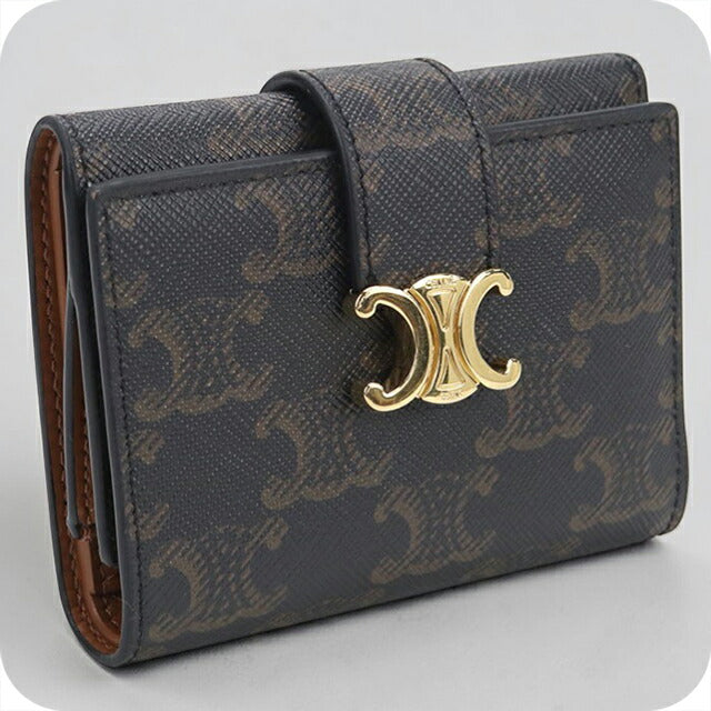 中古 セリーヌ 三つ折り財布 三折財布 レディース ブランド CELINE トリオンフキャンバス ファインストラップウォレットニノ ブラウン 財布 USDCE108137011