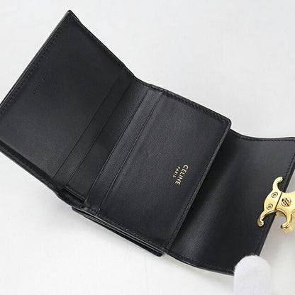 中古 セリーヌ 三つ折り財布 三折財布 レディース ブランド CELINE トリオンフ コイン入れ付コンパクトウォレット ブラック USDCE110265011