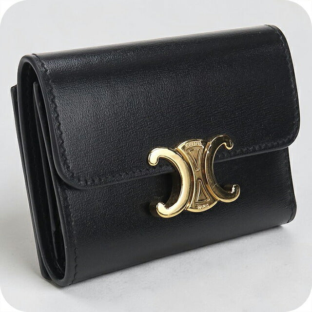 中古 セリーヌ 三つ折り財布 三折財布 レディース ブランド CELINE トリオンフ コイン入れ付コンパクトウォレット ブラック USDCE110265011