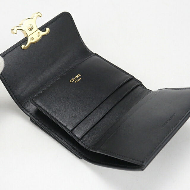 Celine セリーヌ　コンパクトウォレット　トリオンフ　三つ折り財布　カーフレザー　ブラック　【中古】 CELINE（セリーヌ） コンパクトウォレット トリオンフ 三つ折り財布