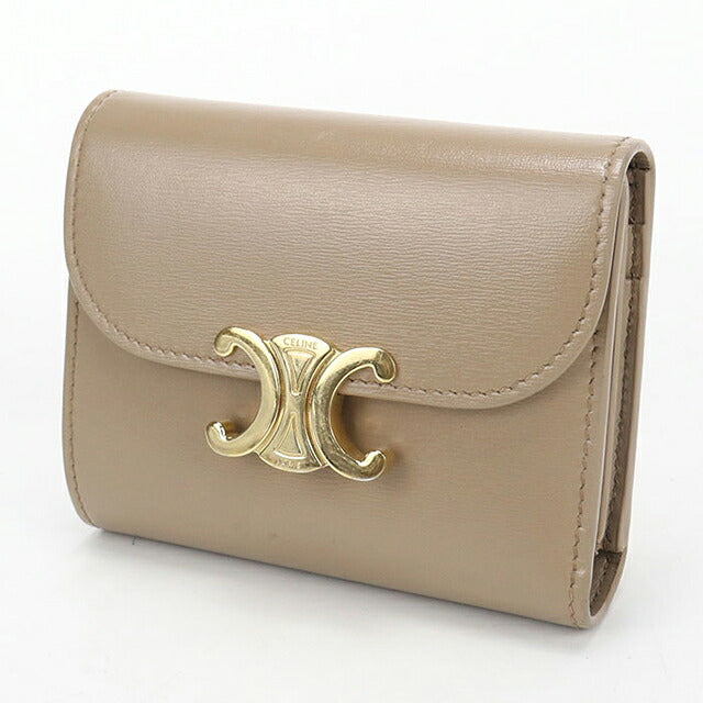 中古 セリーヌ 三つ折り財布 三折財布 コンパクト レディース ブランド CELINE トリオンフ スモール フラップウォレット  10D783DPV ベージュ USDCE116839011