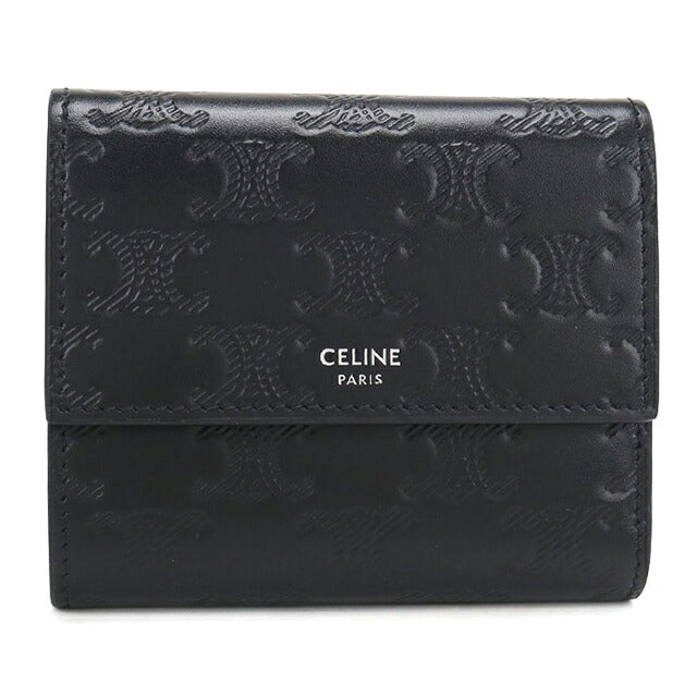中古 セリーヌ 三つ折り財布 三折財布 コンパクト メンズ ブランド CELINE トリオンフ エンボス加工  10B573FQC.38SI ブラック USDCE120784011