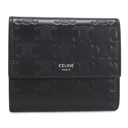 中古 セリーヌ 三つ折り財布 三折財布 コンパクト メンズ ブランド CELINE トリオンフ エンボス加工  10B573FQC.38SI ブラック USDCE120784011