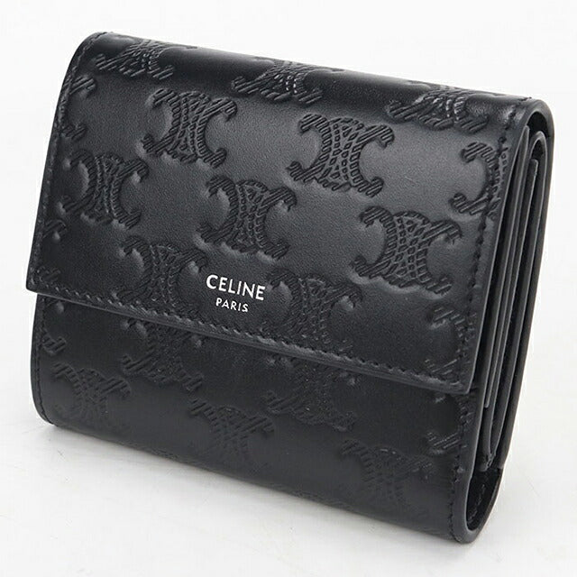 中古 セリーヌ 三つ折り財布 三折財布 コンパクト メンズ ブランド CELINE トリオンフ エンボス加工  10B573FQC.38SI ブラック USDCE120784011