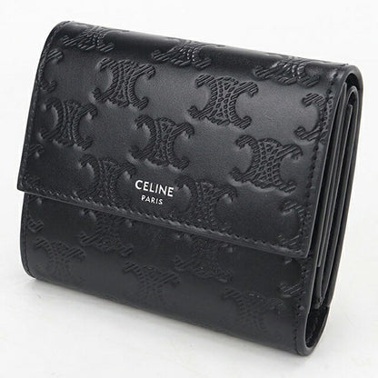 中古 セリーヌ 三つ折り財布 三折財布 コンパクト メンズ ブランド CELINE トリオンフ エンボス加工  10B573FQC.38SI ブラック USDCE120784011