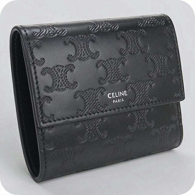 中古 セリーヌ 三つ折り財布 三折財布 コンパクト メンズ ブランド CELINE トリオンフ エンボス加工  10B573FQC.38SI ブラック USDCE120784011