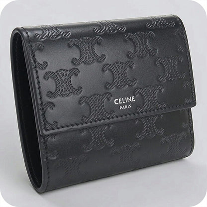 中古 セリーヌ 三つ折り財布 三折財布 コンパクト メンズ ブランド CELINE トリオンフ エンボス加工  10B573FQC.38SI ブラック USDCE120784011