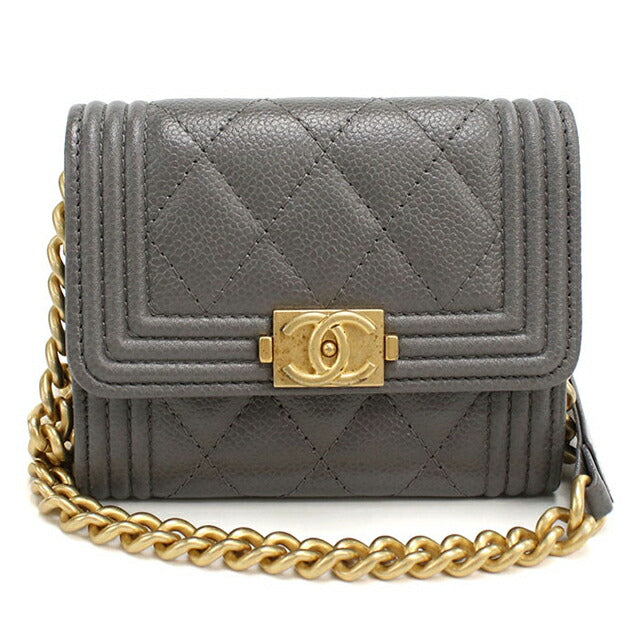 中古 シャネル チェーンウォレット レディース ブランド CHANEL ボーイシャネル チェーンコインパース グレー USDCH108964011