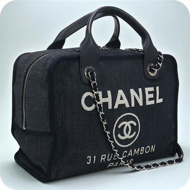 中古 シャネル ボストンバッグ レディース ブランド CHANEL ドーヴィル ボーリングバッグ　2WAY ネイビー バッグ USDCH98635011