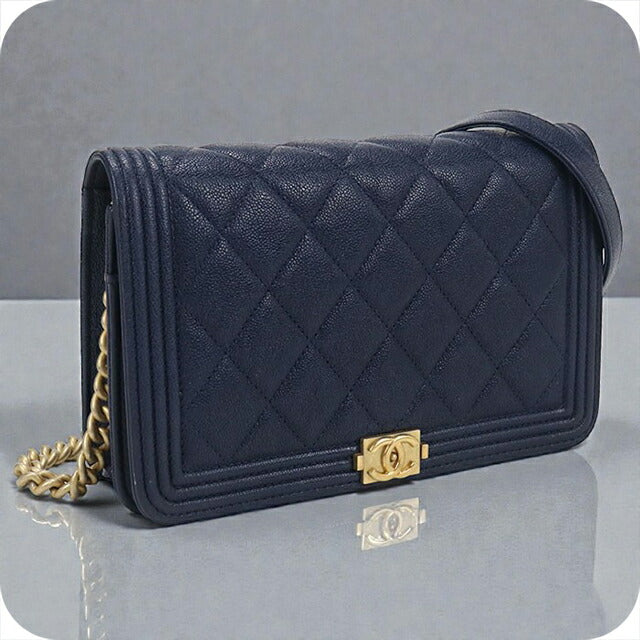 中古 シャネル チェーンウォレット レディース ブランド CHANEL ボーイシャネル ネイビー 財布 USDCH99932011