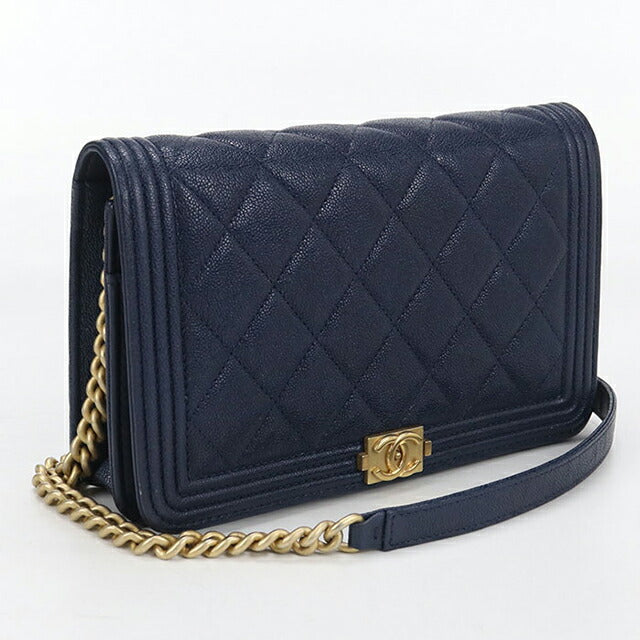 中古 シャネル チェーンウォレット レディース ブランド CHANEL ボーイシャネル ネイビー 財布 USDCH99932011