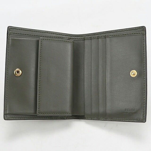 中古 フェンディ 二つ折り財布 二折財布 コンパクト レディース ブランド FENDI エフ イズ フェンディ スモール ウォレット 8M0387 カーキ USDFE119449011
