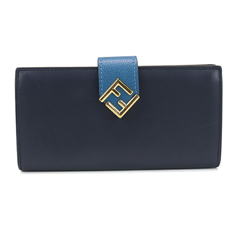中古 フェンディ 長財布ニ折小銭入付き レディース ブランド FENDI FFダイヤモンド コンチネンタルウォレット レザー 8M0492 ネイビー 財布 USDFE96364011