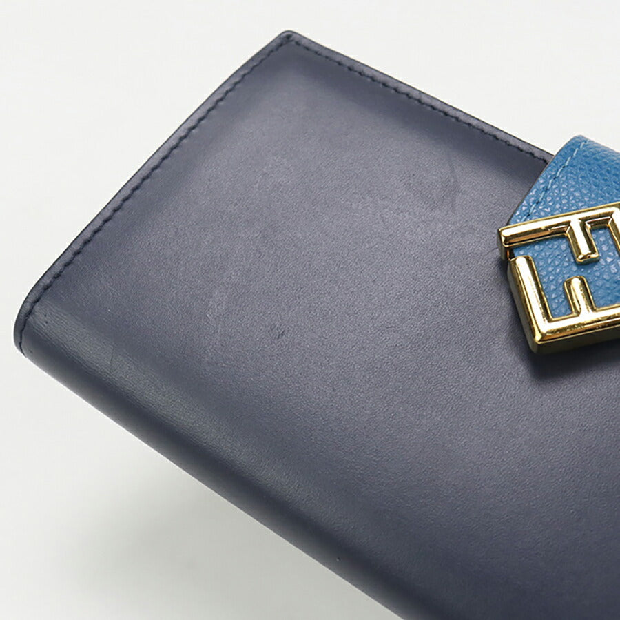中古 フェンディ 長財布ニ折小銭入付き レディース ブランド FENDI FFダイヤモンド コンチネンタルウォレット レザー 8M0492 ネイビー 財布 USDFE96364011