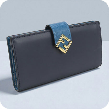 中古 フェンディ 長財布ニ折小銭入付き レディース ブランド FENDI FFダイヤモンド コンチネンタルウォレット レザー 8M0492 ネイビー 財布 USDFE96364011