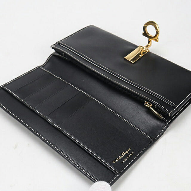 中古 フェラガモ 長財布二折 レディース ブランド FERRAGAMO ガンチーニ 22 0120 ブラック USDFR112928011