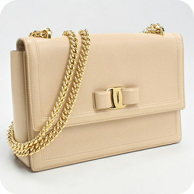 中古 フェラガモ ショルダーバッグ レディース ブランド FERRAGAMO ヴァラリボン チェーン 21 G462 ベージュ USDFR113191011