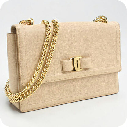 中古 フェラガモ ショルダーバッグ レディース ブランド FERRAGAMO ヴァラリボン チェーン 21 G462 ベージュ USDFR113191011