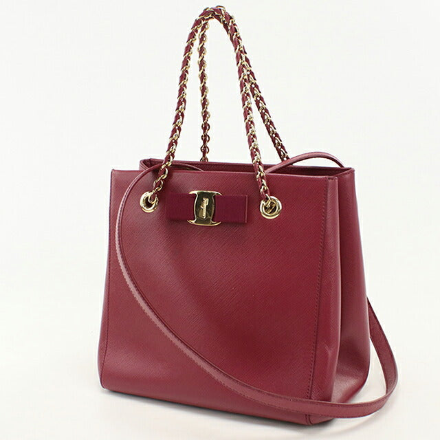 中古 フェラガモ トートバッグ レディース ブランド FERRAGAMO ヴァラリボン 2WAY チェーン 21 E998 ワインレッド USDFR114099011