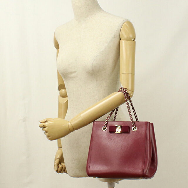 中古 フェラガモ トートバッグ レディース ブランド FERRAGAMO ヴァラリボン 2WAY チェーン 21 E998 ワインレッド USDFR114099011
