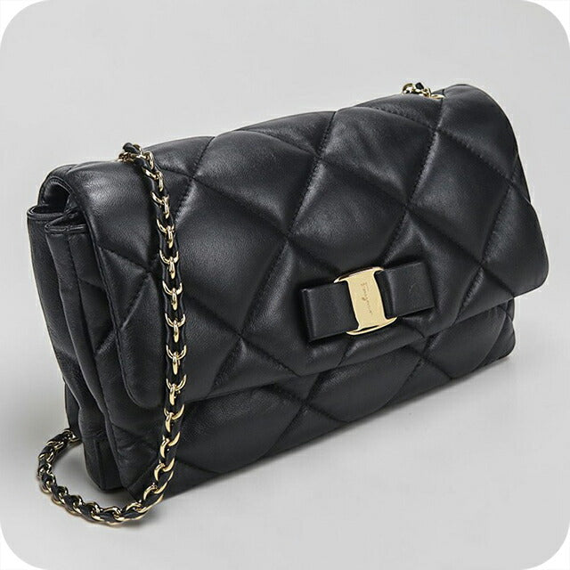 中古 フェラガモ ショルダーバッグ レディース ブランド FERRAGAMO ヴァラリボン チェーン 21 E767 ブラック USDFR114159011
