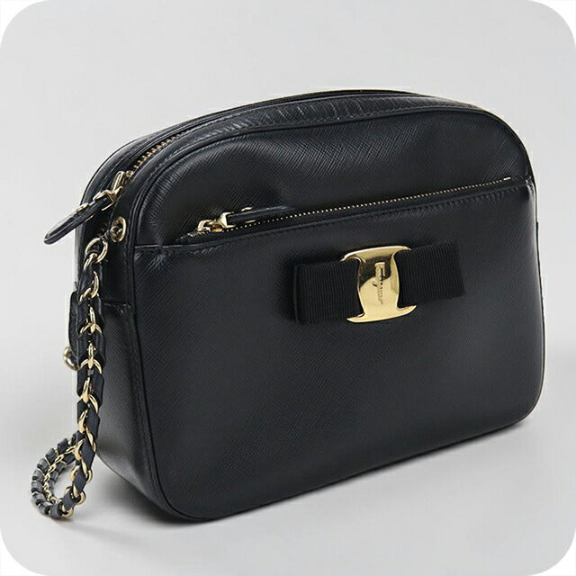 中古 フェラガモ ショルダーバッグ レディース ブランド FERRAGAMO ヴァラリボン チェーン 21 F568 ブラック USDFR114222011