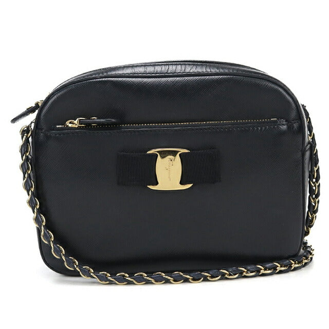 中古 フェラガモ ショルダーバッグ レディース ブランド FERRAGAMO ヴァラリボン チェーン 21 F568 ブラック USDFR114222011