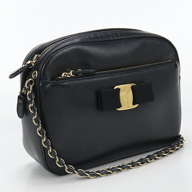 中古 フェラガモ ショルダーバッグ レディース ブランド FERRAGAMO ヴァラリボン チェーン 21 F568 ブラック USDFR114222011