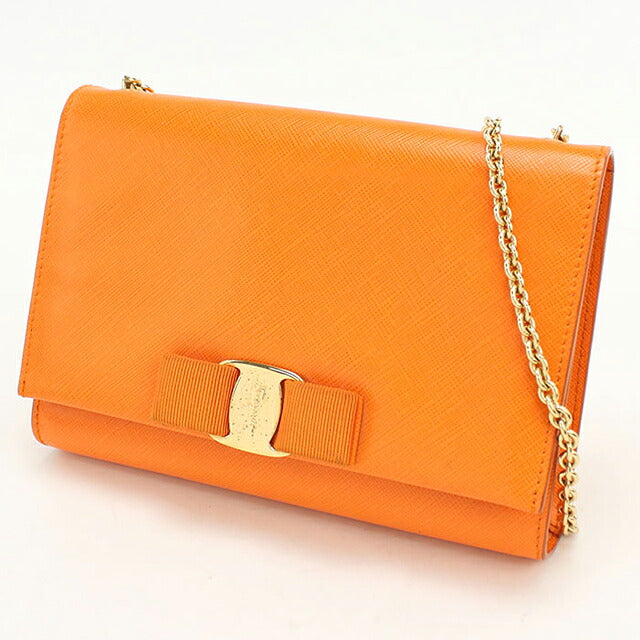 中古 フェラガモ ショルダーバッグ レディース ブランド FERRAGAMO ヴァラリボン チェーン 22 B558 オレンジ USDFR114617011