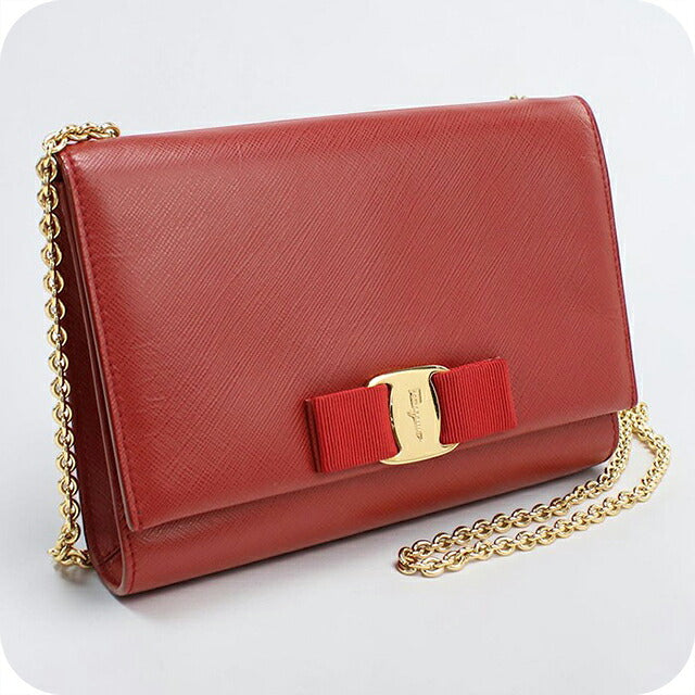 中古 フェラガモ ショルダーバッグ レディース ブランド FERRAGAMO ヴァラリボン チェーン 22 B558 レッド USDFR114618011