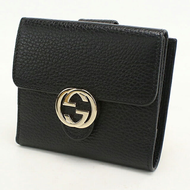 中古 グッチ 二つ折り財布 二折財布 コンパクト レディース ブランド GUCCI インターロッキングG Wホック レザー 615525 ブラック USDGU118267011