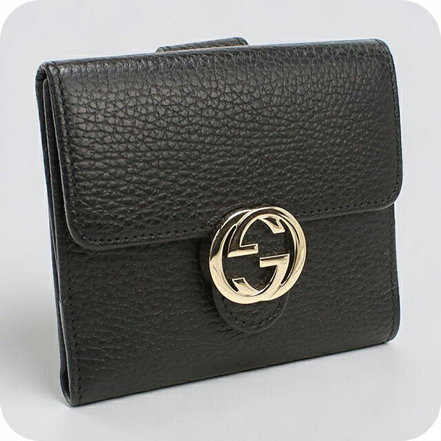 中古 グッチ 二つ折り財布 二折財布 コンパクト レディース ブランド GUCCI インターロッキングG Wホック レザー 615525 ブラック USDGU118267011