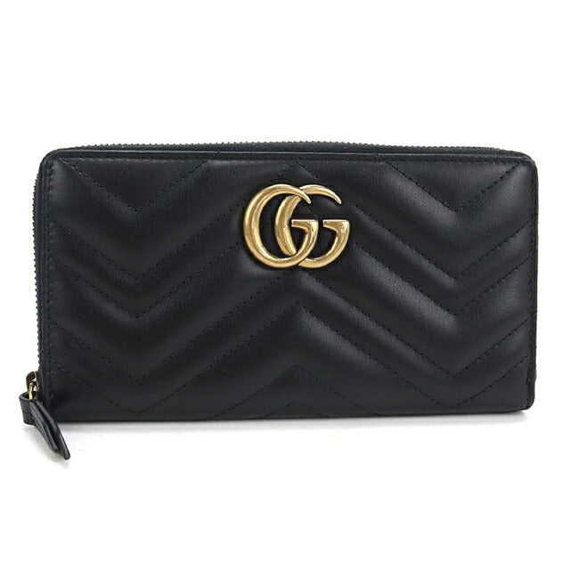 中古 グッチ 長財布ラウンドファスナー レディース ブランド GUCCI GGマーモント  レザー 443123 ブラック USDGU118422011
