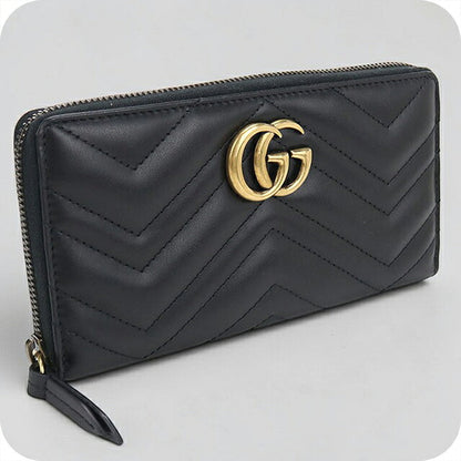 中古 グッチ 長財布ラウンドファスナー レディース ブランド GUCCI GGマーモント  レザー 443123 ブラック USDGU118422011