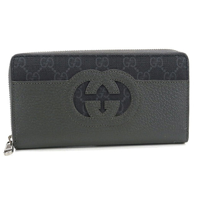 中古 グッチ 長財布ラウンドファスナー メンズ ブランド GUCCI カットアウト インターロッキングG  レザー 701423 グレー USDGU120124011