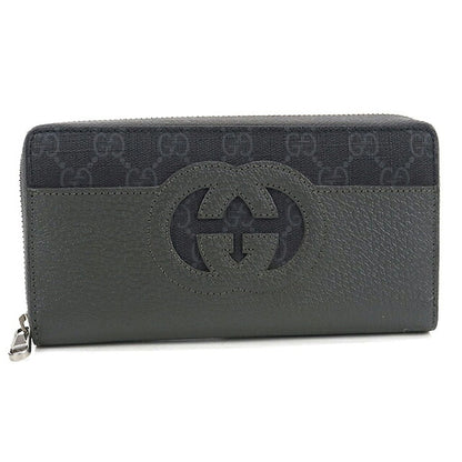 中古 グッチ 長財布ラウンドファスナー メンズ ブランド GUCCI カットアウト インターロッキングG  レザー 701423 グレー USDGU120124011