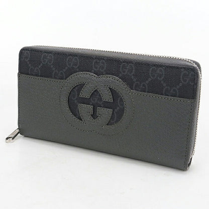 中古 グッチ 長財布ラウンドファスナー メンズ ブランド GUCCI カットアウト インターロッキングG  レザー 701423 グレー USDGU120124011