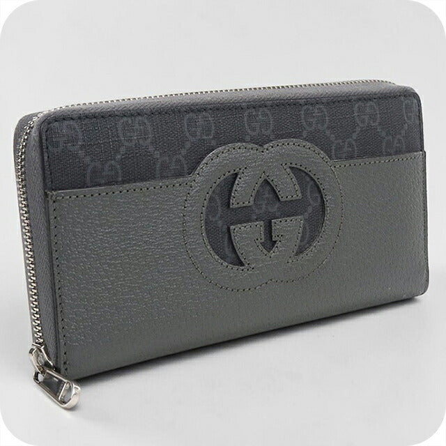 中古 グッチ 長財布ラウンドファスナー メンズ ブランド GUCCI カットアウト インターロッキングG  レザー 701423 グレー USDGU120124011